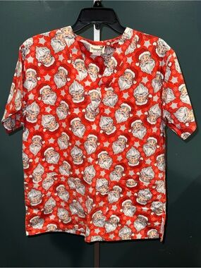 Peppermint Scrubs Red Santa Face Holiday Top